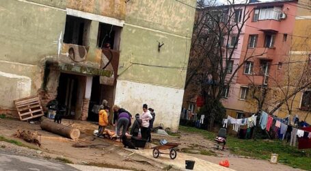 FOTO. La Șimleu Silvaniei, o familie a tăiat porcul pe trotuar, printre blocuri